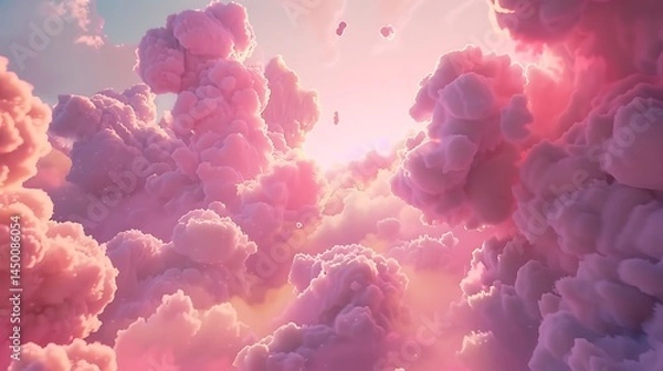 Fototapeta Sunset sky filled with scattered cotton-candy clouds glowing in pink and peach tones.