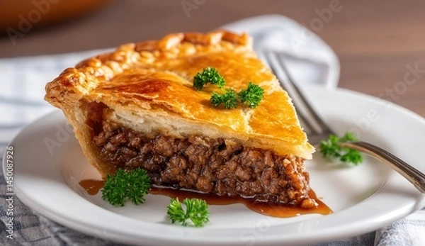 Fototapeta Slice of savory meat pie garnished with parsley, served on a white plate.