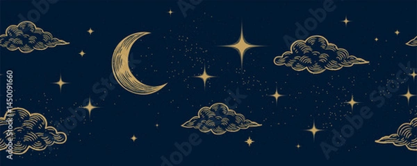 Fototapeta Starry night sky horizontal seamless pattern background. Bright golden moon, stars and clouds wallpaper. Horizontal Space backdrop. Dark Sky with shiny stars. Vector Illustration.