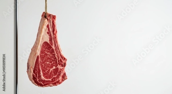 Fototapeta A Prime Rib Roast Hanging Tenderly Against a Pristine White Background, Ready for Culinary Delights