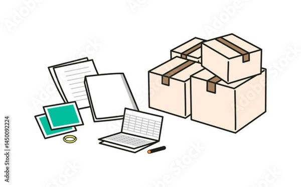 Obraz 遺品整理や終活中の段ボールと書類のイメージ ベクターセット