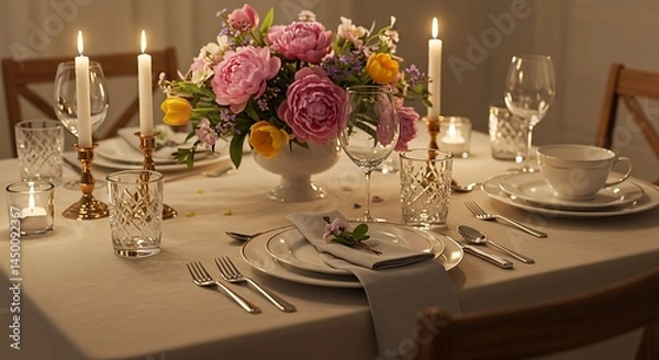 Fototapeta A beautifully set table with flowers candles and elegant glassware creating a warm and inviting ambiance