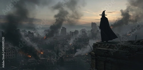 Fototapeta The Sorcerer’s Return – A sinister mage atop a tower, gazing over a ruined city.