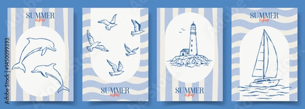 Obraz Set of trendy hand drawn cards. Vector doodle vintage posters with seagulls, lighthouse, yacht, dolphins, typography design. Retro flyers for party, holiday, event, poster, invitation, banner.