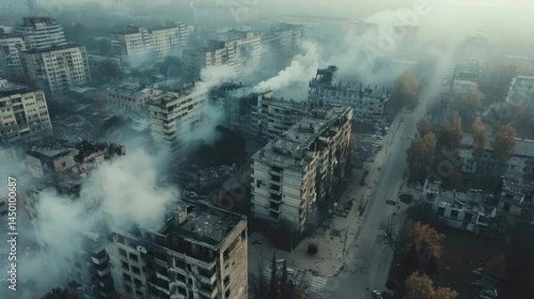 Obraz Aerial view of destroyed urban area with damaged buildings and rising smoke in foggy atmosphere background
