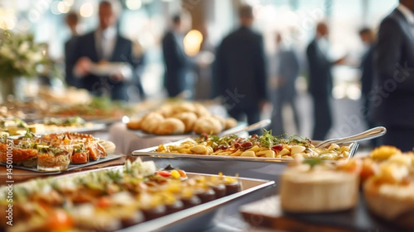 Obraz Catering at a Business Event: Close-up of appetizer display, with blurred figures in suits milling in the background.