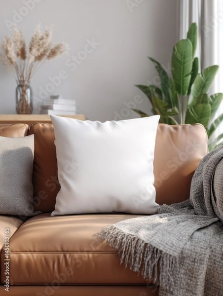 Fototapeta A stunning image of cozy living room scene with a white square pillow. Blank cushion case template for your graphic design presentation. Pillow cover mock up for print.
