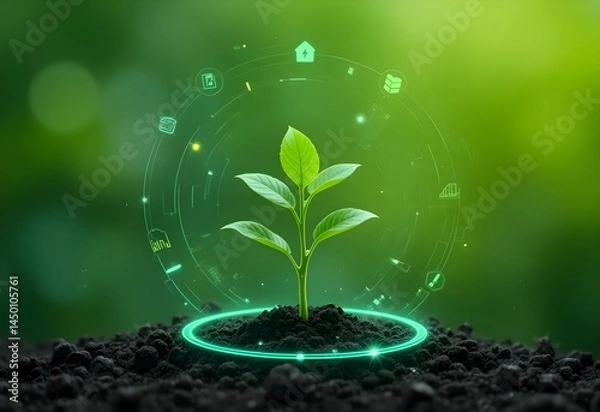 Fototapeta Green seedling emerging from soil with digital holographic elements on vibrant background