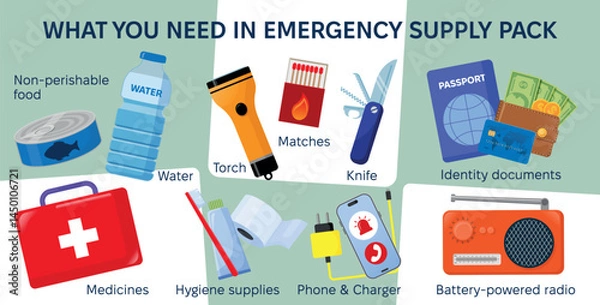 Fototapeta Emergency disaster evacuation supply pack. Set of objects food, medicines, hygiene stuff, and identity documents. Survival kit objects. Flat vector illustration. Tourist, traveler, refugee concept.