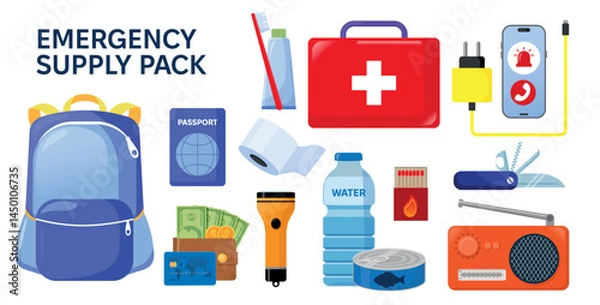 Fototapeta Emergency disaster evacuation supply pack. Set of objects food, medicines, hygiene stuff, and identity documents. Survival kit objects. Flat vector illustration. Tourist, traveler, refugee concept.