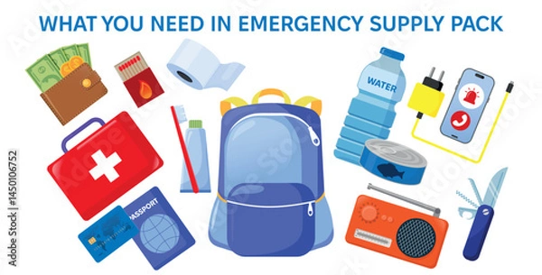 Fototapeta Emergency disaster evacuation supply pack. Set of objects food, medicines, hygiene stuff, and identity documents. Survival kit objects. Flat vector illustration. Tourist, traveler, refugee concept.