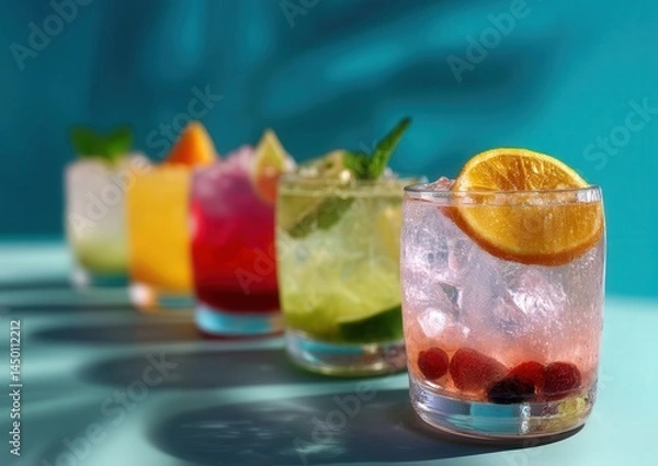 Fototapeta Vibrant cocktails with fresh fruits and herbs against a teal background for a refreshing vibe.