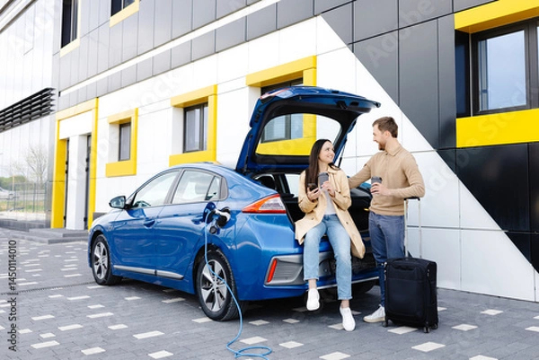 Fototapeta Young friends charging automobile battery from public station and standing near parking for electric car. Man and woman talking and drinking coffee in city