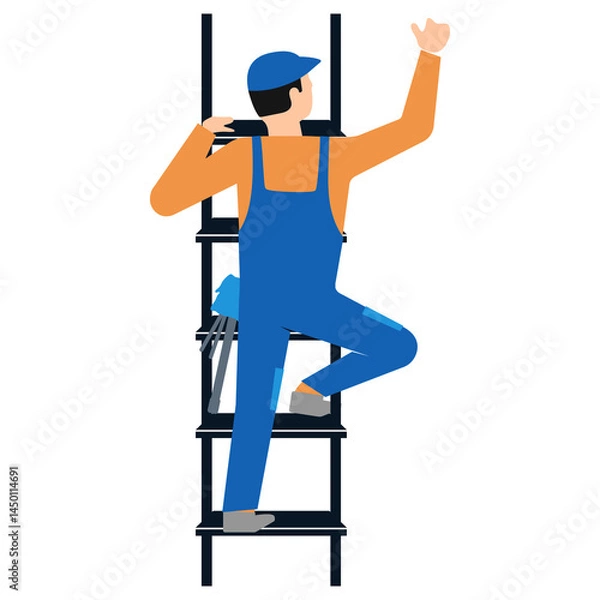 Obraz Worker in construction overalls climbs a ladder