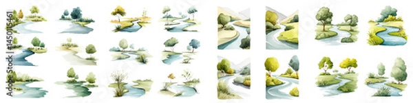 Fototapeta Serene watercolor landscape with winding paths and lush greenery.