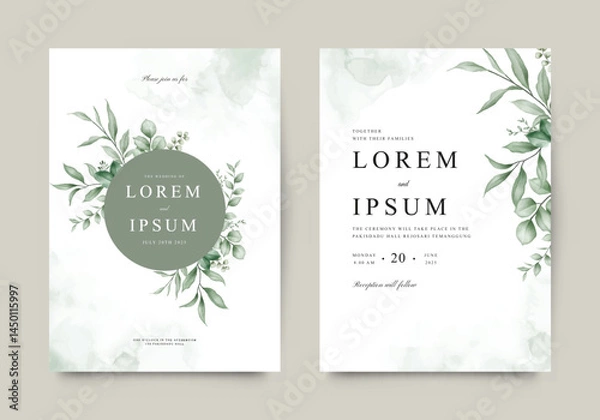 Obraz Beautiful wedding invitation template set with watercolor green plants