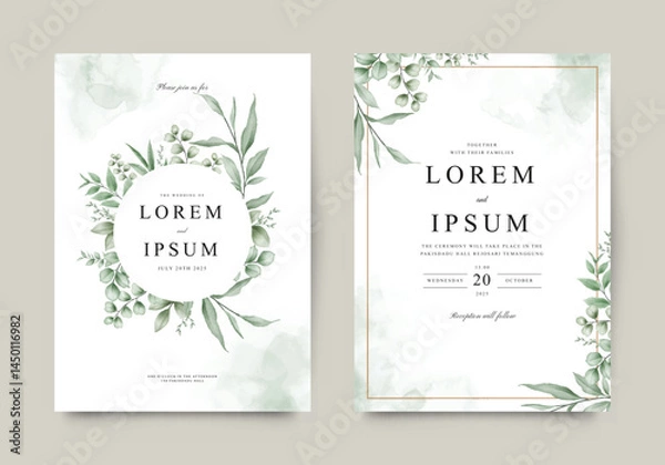 Fototapeta Elegant double sided wedding invitation set with greenery watercolor