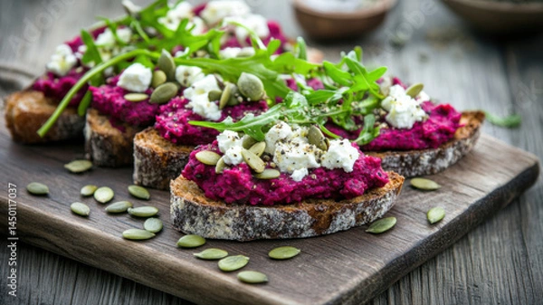 Fototapeta Vegan mini bruschetta with beetroot hummus, feta cheese, arugula, and pumpkin seeds on wooden board. Healthy plant-based appetizer with vibrant color.
