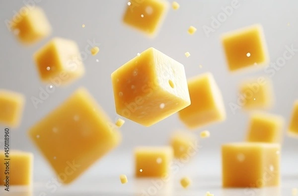 Fototapeta Floating cheese cubes on a white background