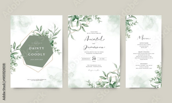 Fototapeta Elegant wedding invitation card set with geometric frame arranged with green leaves