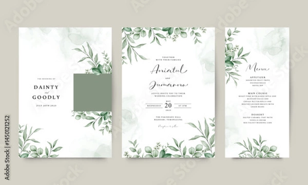 Fototapeta Elegant wedding invitation card template set decorated with greenery watercolor