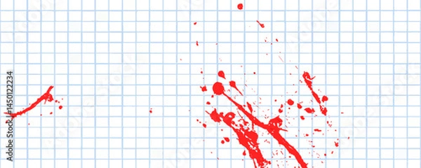 Fototapeta Sheet of blue checkered paper with red ink splashes.