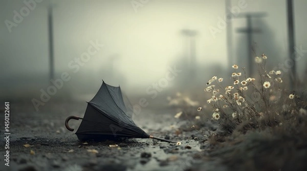 Fototapeta Broken Umbrella Left Behind on a Melancholic Foggy Road