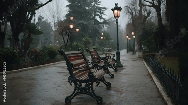 Fototapeta Foggy Park Scene with Distant Lights Evoking Soft Melancholy Mood