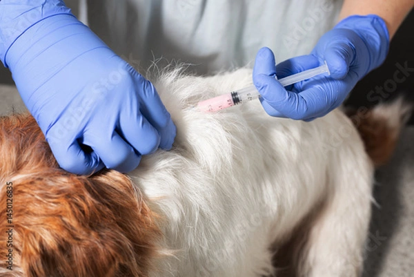 Fototapeta Injection procedure in dog scruff area