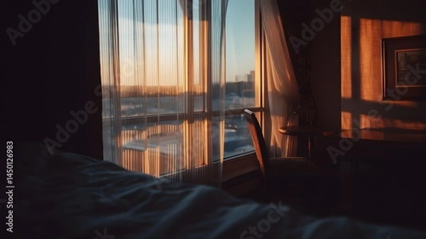Fototapeta Warm Dusk Light Through Hotel Room Window with Golden Gloom