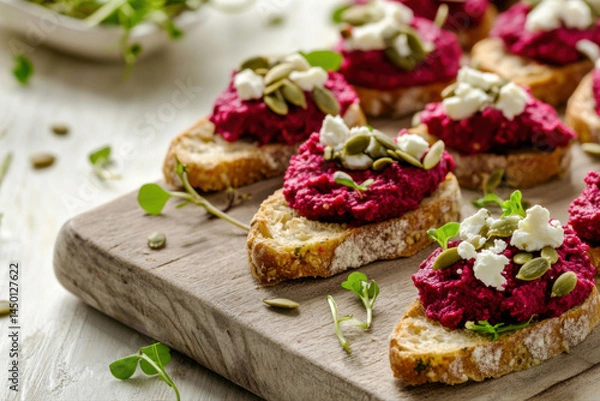 Fototapeta Appetizer mini bruschetta topped with feta, greens, beetroot hummus and seeds. Healthy plant-based appetizer.   