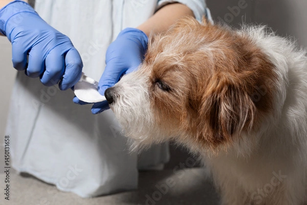 Fototapeta Dog sniffing cleaning solution on cotton pad