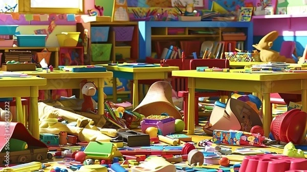 Fototapeta Colorful classroom filled with toys and mess.