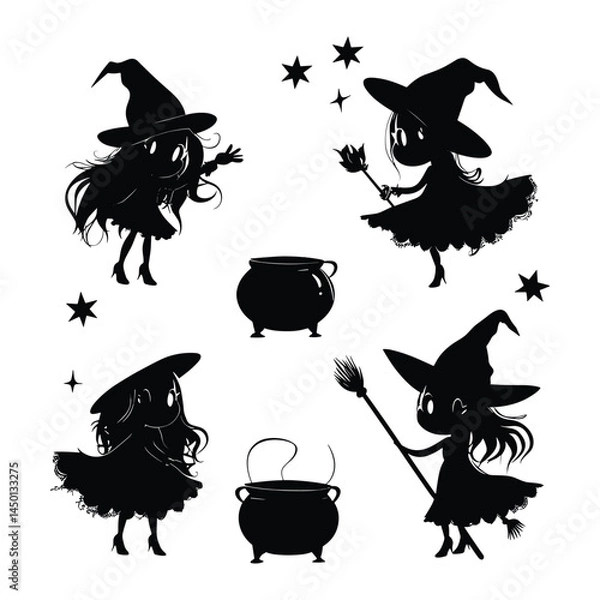 Fototapeta Silhouettes of Witches and Cauldrons in Circle