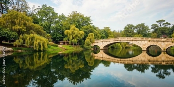 Fototapeta Arch Bridge Over Tranquil Waters: A picturesque arch bridge gracefully spans a serene river, its reflection mirroring the lush greenery and the expansive sky above.