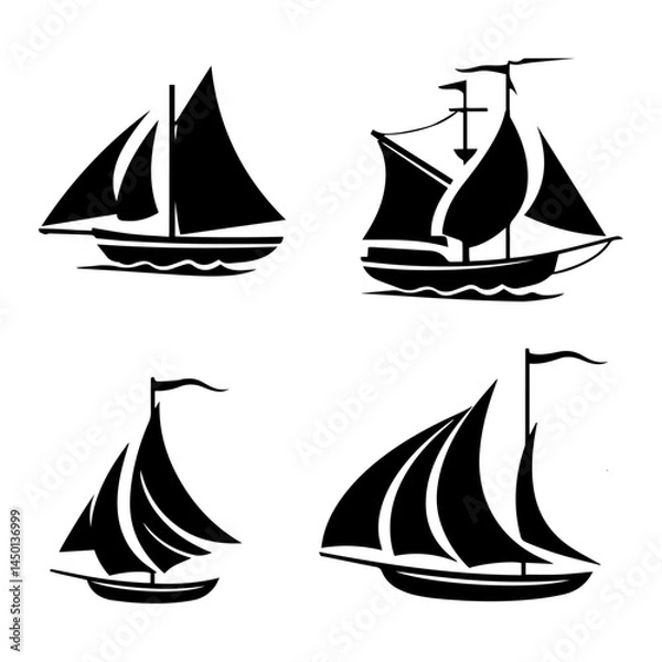 Fototapeta Set of boats and ship silhouettes vector illustration. Editable Vector