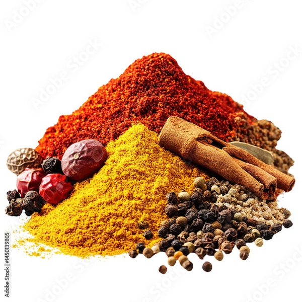 Fototapeta Aromatic culinary spice assortment against a contrasting black background for food concepts