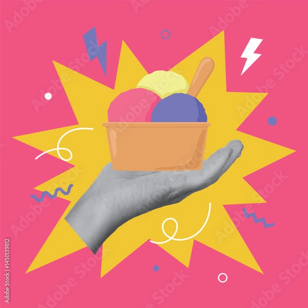 Fototapeta Collage design with hand holding ice cream. Summertime, vacations concept. Vector illustration