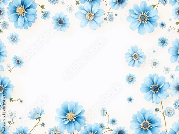 Fototapeta Floral Frame Blue Flowers:  An enchanting floral frame featuring a soft and delicate arrangement of light blue flowers along the borders of a white background.