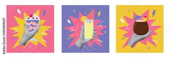 Fototapeta Set of collage designs with hand holding glass with lemonade, milkshake, and coconut cocktail. Summertime, vacations concept. Vector illustration