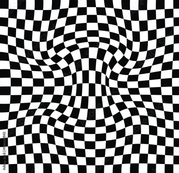 Fototapeta Abstract checkerboard wave pattern. Trippy checkerboard background. Groovy hippie black and white chessboard pattern. Distorted geometric pattern. Abstract monochrome vector backdrop illustration.