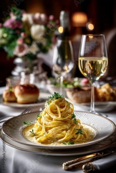 Fototapeta Elegant serving of pasta in a restaurant setting with a glass of white wine in the background. Gourmet Italian cuisine presented in a refined and cozy dining atmosphere. Soft lighting and warm tones c