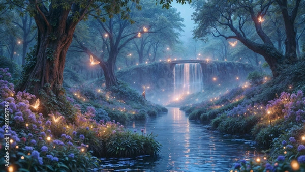 Obraz 光る花と蝶と夜の森の風景