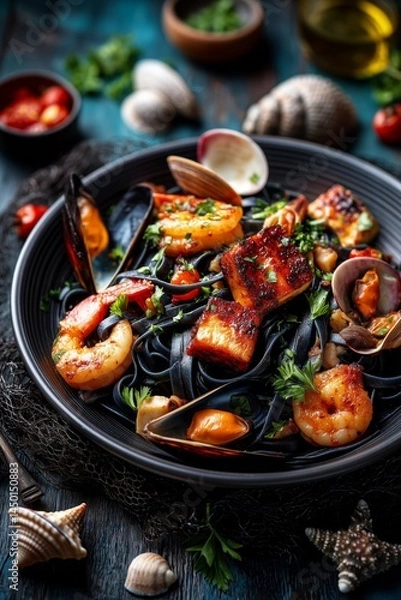 Fototapeta Close-up of black seafood pasta served in a moody, elegant setting. Squid ink pasta topped with shrimp, mussels, and herbs, with a glass of white wine and ingredients like lemon, garlic, and chili vis