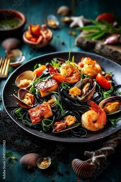 Fototapeta Close-up of black seafood pasta served in a moody, elegant setting. Squid ink pasta topped with shrimp, mussels, and herbs, with a glass of white wine and ingredients like lemon, garlic, and chili vis