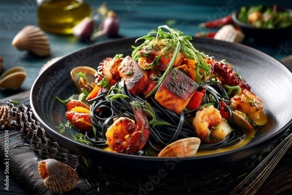 Fototapeta Close-up of black seafood pasta served in a moody, elegant setting. Squid ink pasta topped with shrimp, mussels, and herbs, with a glass of white wine and ingredients like lemon, garlic, and chili vis