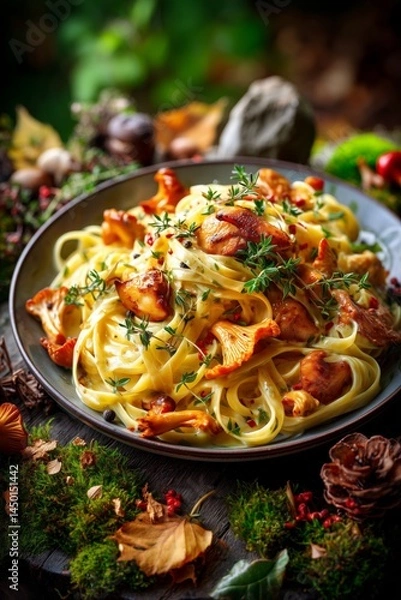 Fototapeta Rustic composition of pasta with wild mushrooms, styled in a forest-inspired still life. The dish is served on a ceramic plate surrounded by natural forest elements like pinecones, moss, and wooden te