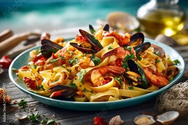 Fototapeta Close-up of a gourmet seafood pasta dish served on a ceramic plate. The composition features al dente pasta combined with a variety of fresh seafood