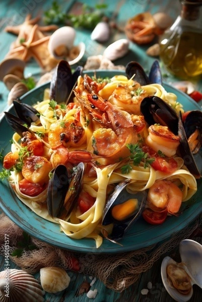 Fototapeta Close-up of a gourmet seafood pasta dish served on a ceramic plate. The composition features al dente pasta combined with a variety of fresh seafood