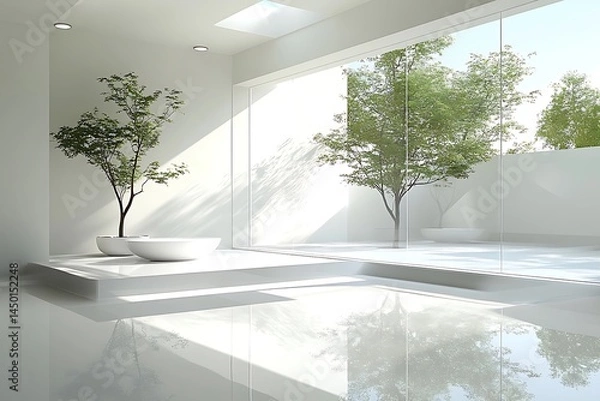 Fototapeta Bright White Minimalist Interior Design with Tranquil View
